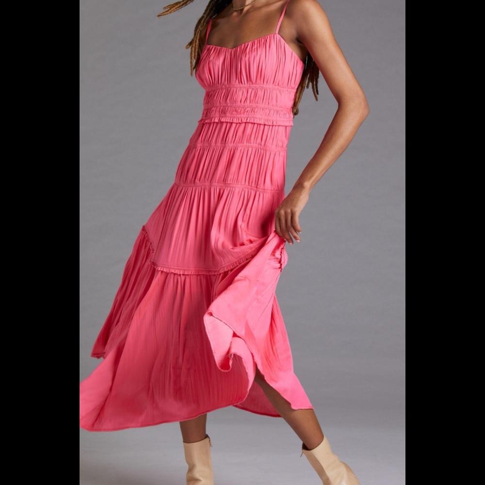 Anthropologie Ruched Slip Dress- Raspberry